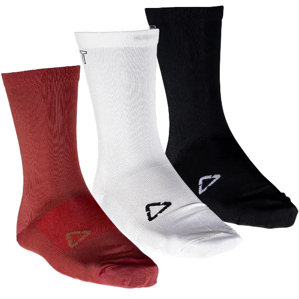 Product photo showing Leatt, Endurance Socks (MTB) Mountain Bike in 3 Pack (Black/White/Lava), Colors: 3 Pack (Black/White/Lava), Black, Lava, White, Sizes: L/XL, S/M, SKU: 5025202140