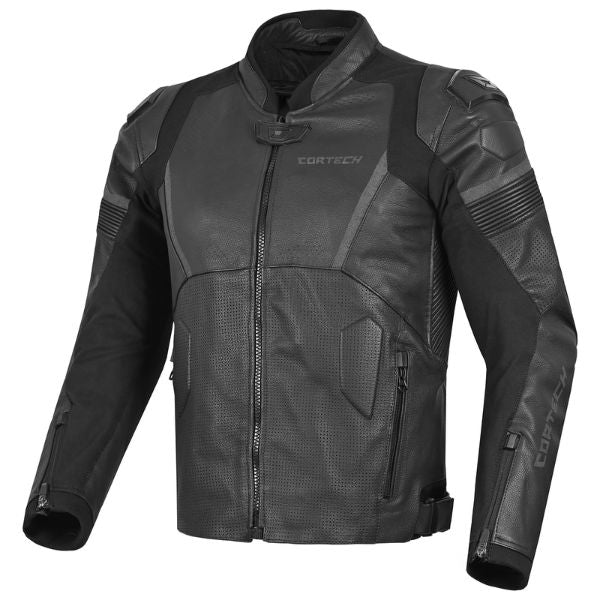 Studio image on a white background of Cortech, Revo Leather Jacket, front view, showing overall jacket shape and surface finish, Colors: Black, Black/White, SKU 8377000504
