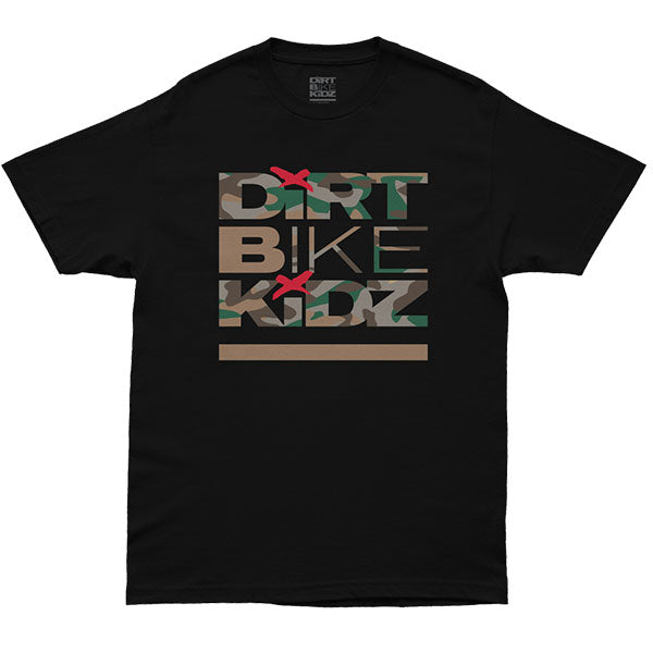 Studio photo on a white background of Dirt Bike Kidz Camo Tee; showing tee fit, printed graphics, and crew neckline; SKU 325-00004S; Sizes: S-2XL