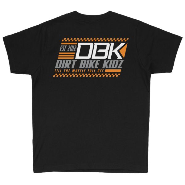 Clean studio shot of Dirt Bike Kidz We Race Tee (Youth); showing tee fit, printed graphics, and crew neckline; SKU 325-00009; Colors: Black