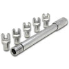 image of EXCEL Spoke Torque Wrench  6pc. set including chrome aluminum bodied wrench, 1 chrome plated Pro Series 6pt. spline drive head, and 4 popular Japanese and other O.E. conventional type head sizes: 6.1, 6.3, 6.5, and 6.7mm on a white background