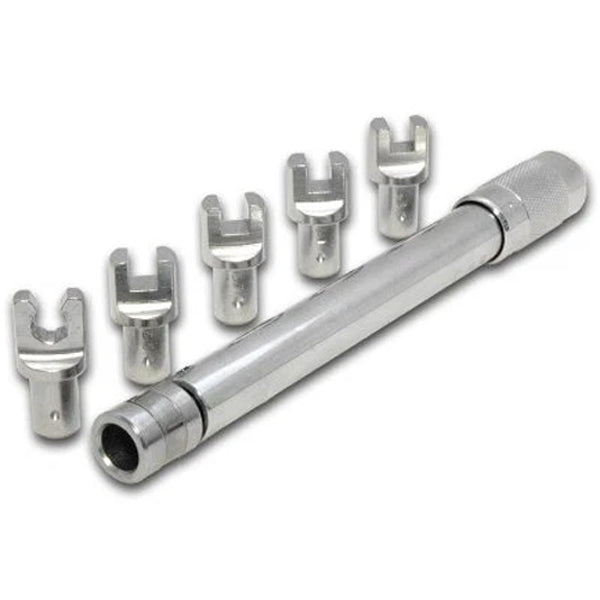 image of EXCEL Spoke Torque Wrench  6pc. set including chrome aluminum bodied wrench, 1 chrome plated Pro Series 6pt. spline drive head, and 4 popular Japanese and other O.E. conventional type head sizes: 6.1, 6.3, 6.5, and 6.7mm on a white background