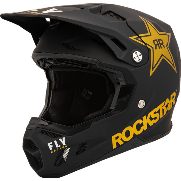 studio product photo of Fly Racing in Matte Black / Gold for motocross helmet, dirt bike, motocross, off road. SKU 73-432XS.