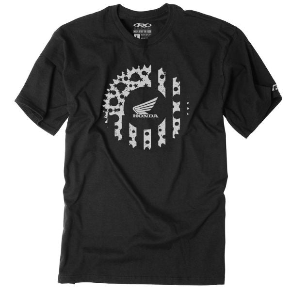 High-resolution studio image of Factory Effex Honda Sprocket Tee; showing tee fit, printed graphics, and crew neckline; SKU 24-873; Colors: Black
