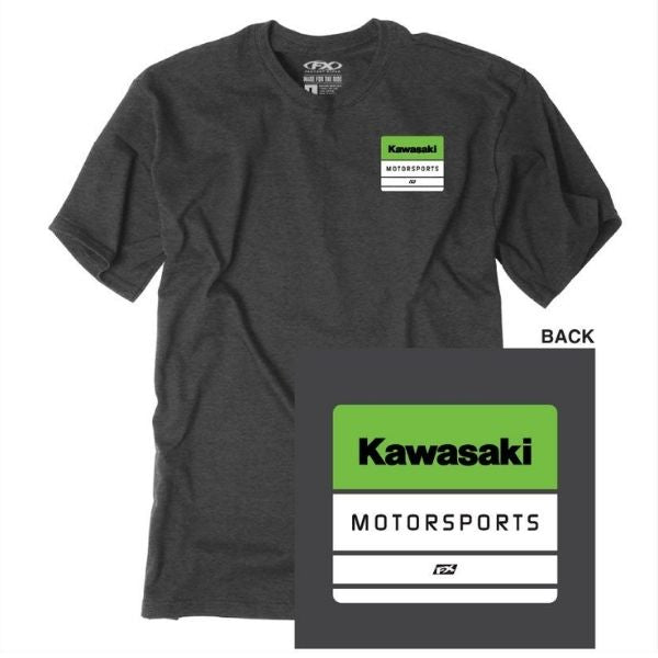 Clean studio shot of Factory Effex Kawasaki Phase Tee; showing tee fit, printed graphics, and crew neckline; SKU 29-871; Colors: Heather Charcoal