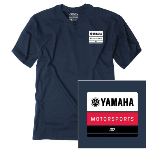 Clean studio shot of Factory Effex Yamaha Phase Tee; showing tee fit, printed graphics, and crew neckline; SKU 29-872; Colors: Navy, Royal; Sizes: M-2XL