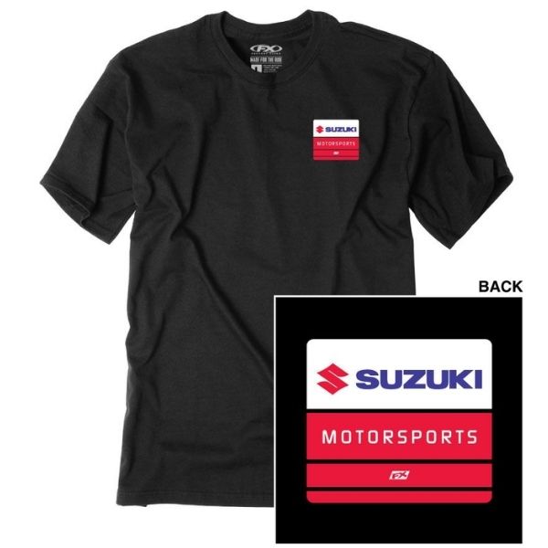 High-resolution studio image of Factory Effex Suzuki Phase Tee; showing tee fit, printed graphics, and crew neckline; SKU 29-874; Colors: Black