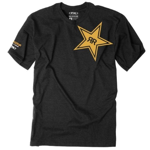 Studio photo on a white background of Factory Effex Rockstar Tilt Tee; showing tee fit, printed graphics, and crew neckline; SKU 29-876; Colors: Black