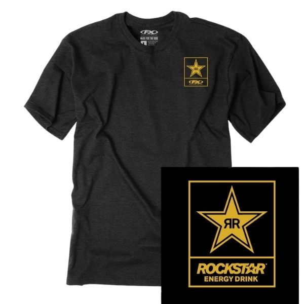 Clean studio shot of Factory Effex Rockstar Lockup Tee; showing tee fit, printed graphics, and crew neckline; SKU 29-876; Colors: Black; Sizes: M-2XL