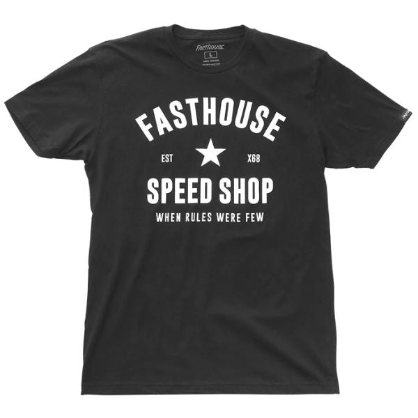 Clean studio shot of Fasthouse Paragon Tee; showing tee fit, printed graphics, and crew neckline; SKU 3210001504; Colors: Black, Cardinal; Sizes: S-3XL