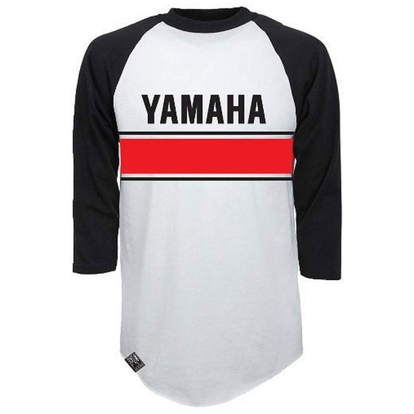 Studio photo on a white background of Factory Effex Yamaha Vintage Baseball Tee; showing tee fit, printed graphics, and crew neckline; SKU 17-872
