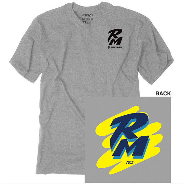 Clean studio shot of Factory Effex Suzuki Retro RM T-shirt; showing tee fit, printed graphics, and crew neckline; SKU 28-874; Colors: MD, LG, XL, 2XL