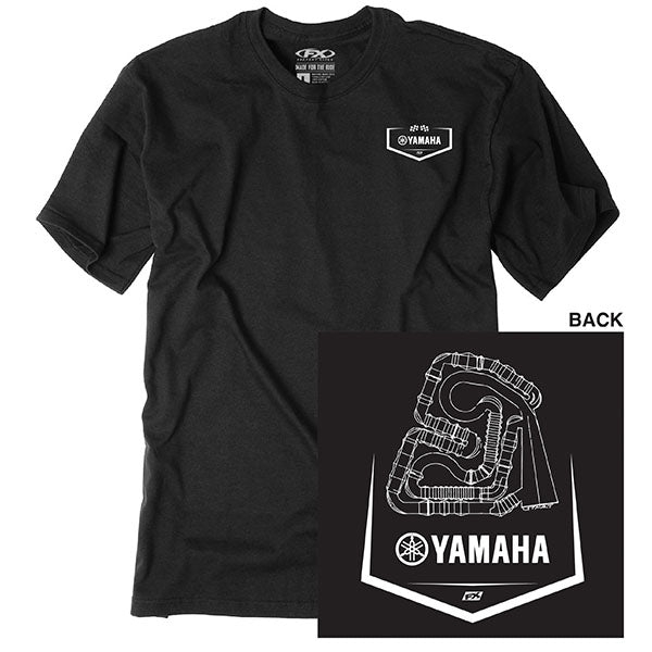 Studio photo on a white background of Factory Effex Yamaha Track T-shirt; showing tee fit, printed graphics, and crew neckline; SKU 28-872; Sizes: BLACK