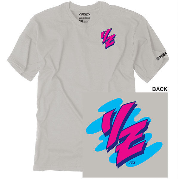 High-resolution studio image of Factory Effex Yamaha Retro YZ T-shirt; showing tee fit, printed graphics, and crew neckline; SKU 28-872; Sizes: LTGRAY