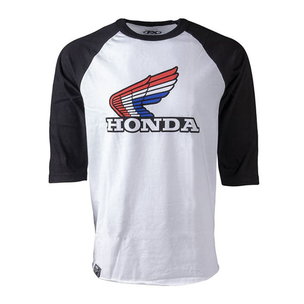 Clean studio shot of Factory Effex Honda Vintage Baseball Tee; showing tee fit, printed graphics, and crew neckline; SKU 17-873; Colors: M, L, XL, 2XL