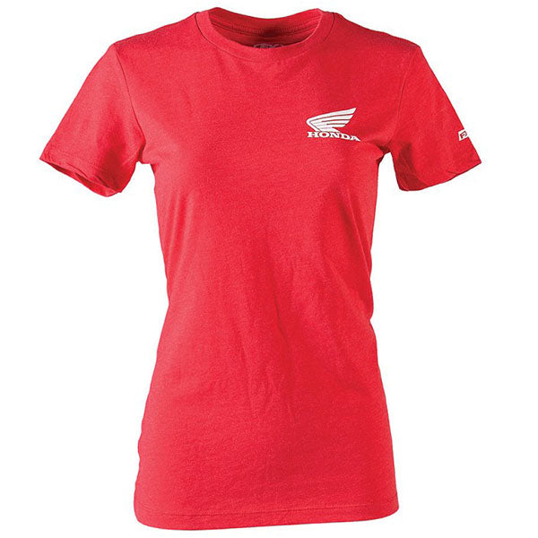 High-resolution studio image of Factory Effex Honda Icon T-Shirt (Womens); showing tee fit, printed graphics, and crew neckline; SKU 24-873; Sizes: RED
