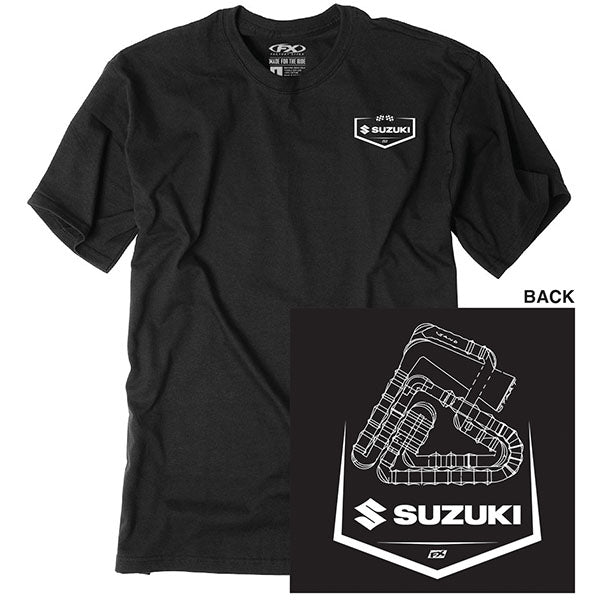 Professional studio photo of Factory Effex Suzuki Track T-shirt; showing tee fit, printed graphics, and crew neckline; SKU 28-874; Sizes: BLACK