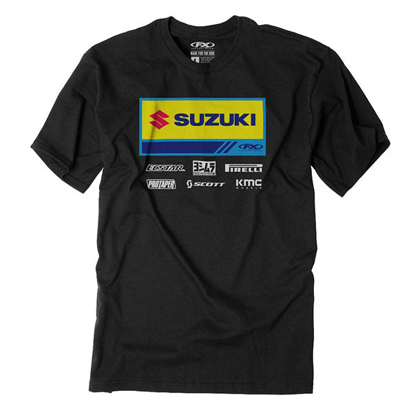 Crisp studio image on a white background of Factory Effex Suzuki Racewear T-Shirt; showing tee fit, printed graphics, and crew neckline; SKU 24-874