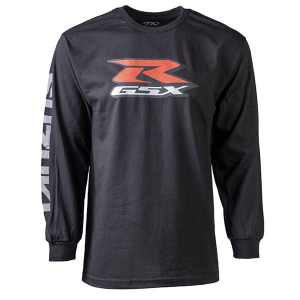 Professional studio photo of Factory Effex Suzuki GSX-R Long Sleeve Tee; showing long-sleeve cut, printed graphics, and crew neckline; SKU 17-874