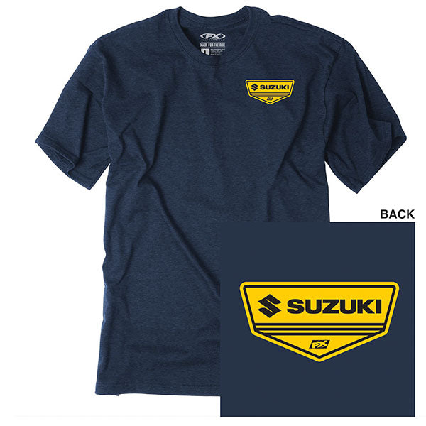Studio photo on a white background of Factory Effex Suzuki Apex RM T-shirt; showing tee fit, printed graphics, and crew neckline; SKU 28-874; Sizes: NAVY