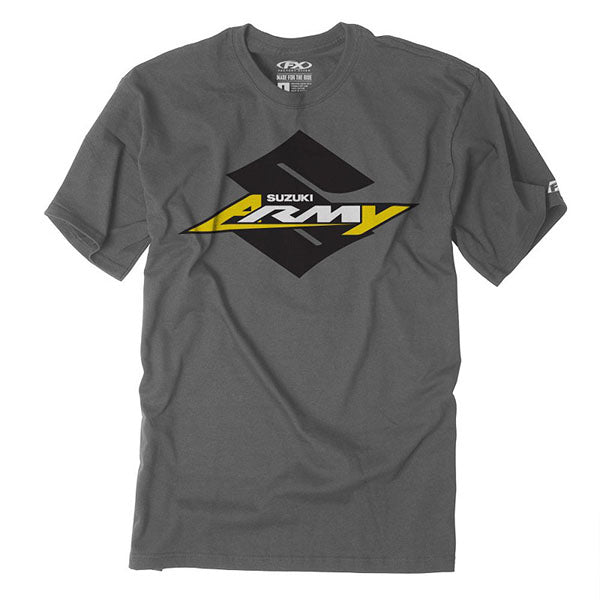 Clean studio shot of Factory Effex Suzuki Army T-Shirt (Youth); showing tee fit, printed graphics, and crew neckline; SKU 22-834; Colors: Charcoal