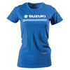 Professional studio photo of Factory Effex Suzuki Stripes T-Shirt (Womens); showing tee fit, printed graphics, and crew neckline; SKU 22-874; Sizes: BLUE