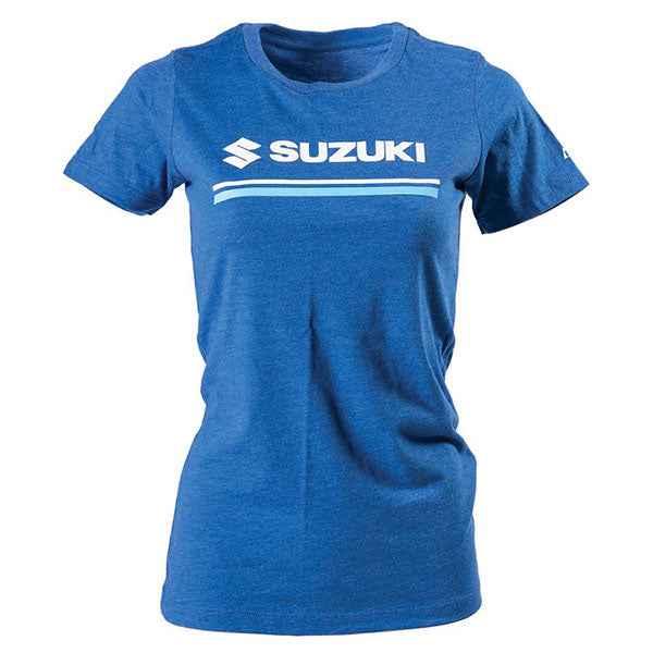 Crisp studio image on a white background of Factory Effex Suzuki Stripes T-Shirt (Womens); showing tee fit, printed graphics, and crew neckline