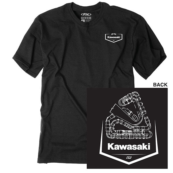 Studio photo on a white background of Factory Effex Kawasaki Track T-shirt; showing tee fit, printed graphics, and crew neckline; SKU 28-871