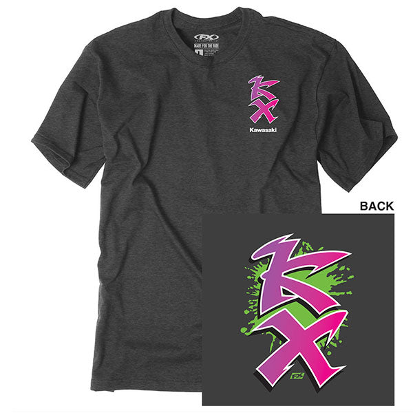 High-resolution studio image of Factory Effex Kawasaki Retro KX T-shirt; showing tee fit, printed graphics, and crew neckline; SKU 28-871