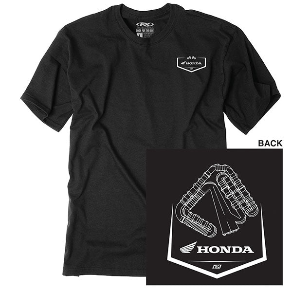 High-resolution studio image of Factory Effex Honda Track T-shirt; showing tee fit, printed graphics, and crew neckline; SKU 28-873; Sizes: BLACK
