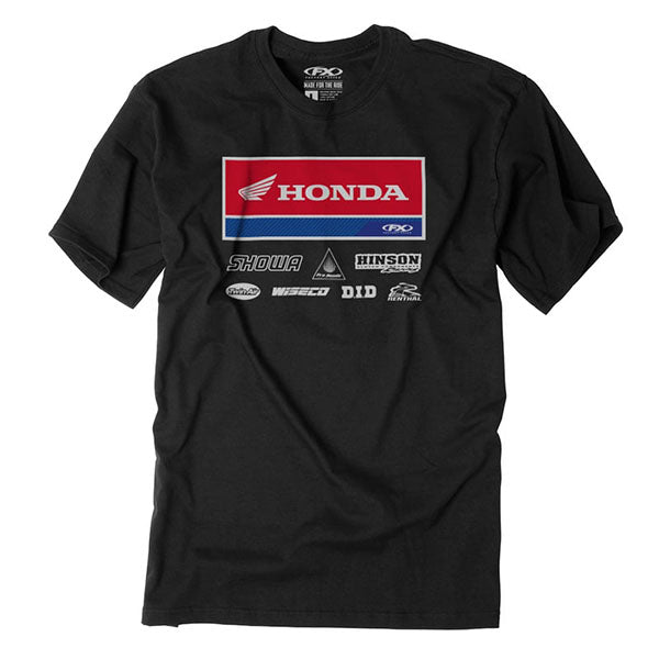 Studio photo on a white background of Factory Effex Honda Racewear T-Shirt; showing tee fit, printed graphics, and crew neckline; SKU 24-873