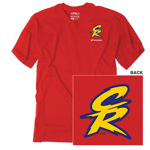Crisp studio image on a white background of Factory Effex Honda Retro CR T-shirt; showing tee fit, printed graphics, and crew neckline; SKU 28-873