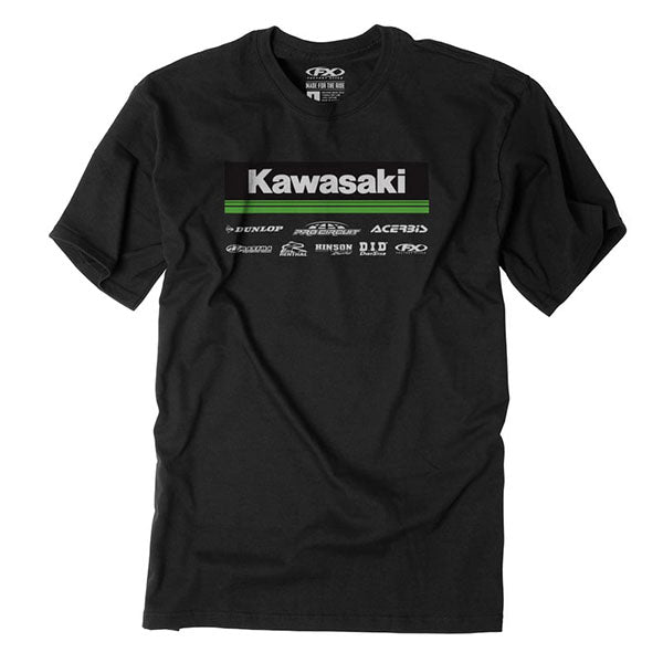 Studio photo on a white background of Factory Effex Kawasaki Racewear T-Shirt; showing tee fit, printed graphics, and crew neckline; SKU 24-871