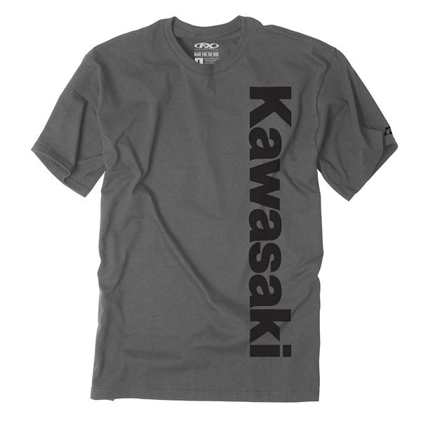 Crisp studio image on a white background of Factory Effex Kawasaki Vertical T-Shirt; showing tee fit, printed graphics, and crew neckline; SKU 24-871