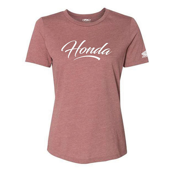 Crisp studio image on a white background of Factory Effex Honda Script T-Shirt (Womens); showing tee fit, printed graphics, and crew neckline; SKU 27-873