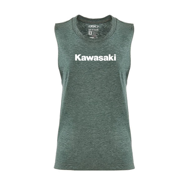High-resolution studio image of Factory Effex Kawasaki Muscle Tank (Womens); showing sleeveless cut, hem shape, and printed or woven branding; SKU 27-871