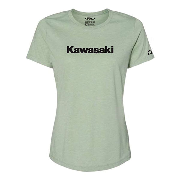 Studio photo on a white background of Factory Effex Kawasaki T-Shirt (Womens); showing tee fit, printed graphics, and crew neckline; SKU 27-871