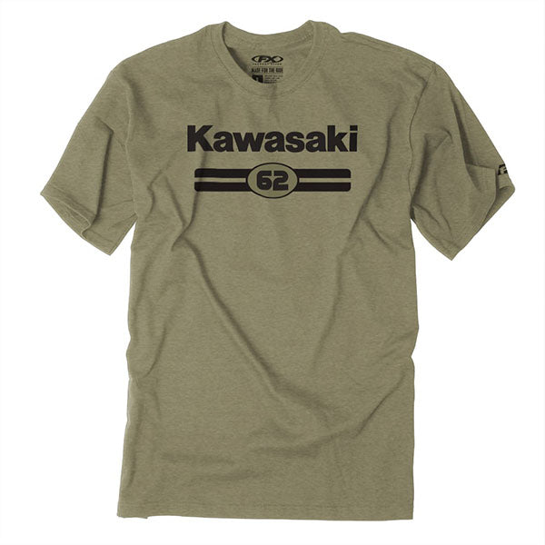 Clean studio shot of Factory Effex Kawasaki Sixty-Two Olive T-Shirt; showing tee fit, printed graphics, and crew neckline; SKU 27-871; Sizes: OLIVE