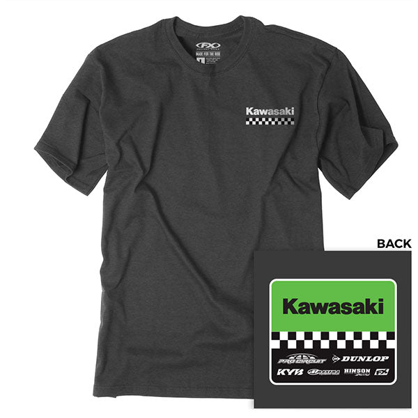 Studio photo on a white background of Factory Effex Kawasaki Starting Line T-Shirt; showing tee fit, printed graphics, and crew neckline; SKU 27-871