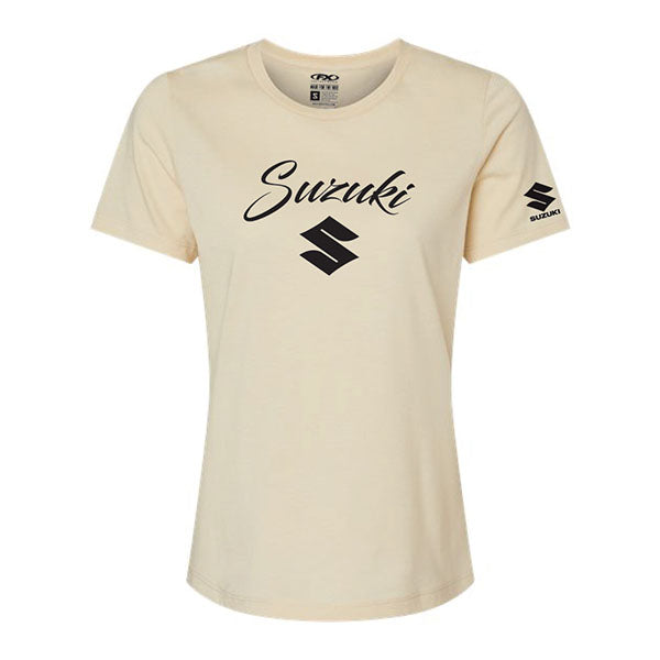 Studio photo on a white background of Factory Effex Suzuki Script T-Shirt (Womens); showing tee fit, printed graphics, and crew neckline; SKU 27-874