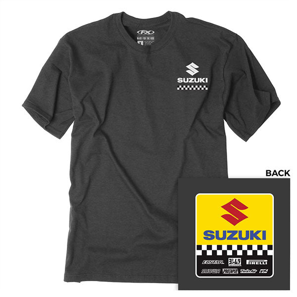 High-resolution studio image of Factory Effex Suzuki Starting Line T-Shirt (Youth); showing tee fit, printed graphics, and crew neckline; SKU 27-834