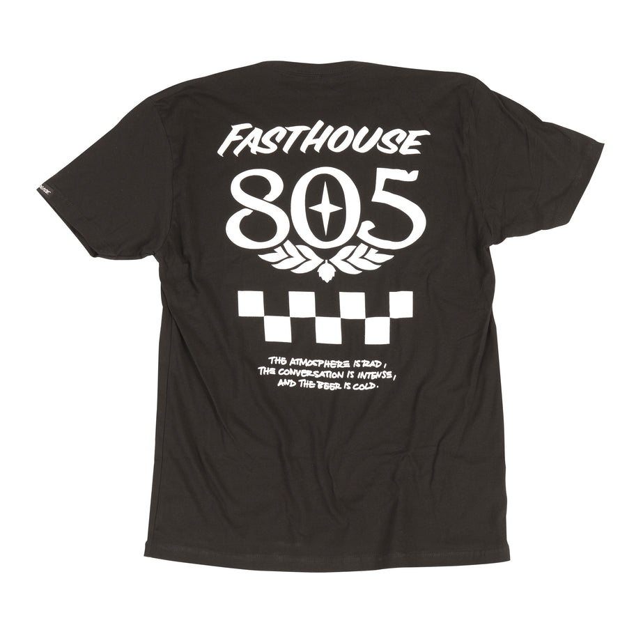 High-resolution studio image of Fasthouse 805 Atmosphere Tee; showing tee fit, printed graphics, and crew neckline; SKU 3216640004; Colors: Black, White