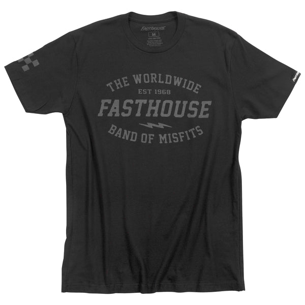 Crisp studio image on a white background of Fasthouse Coalition Tee; showing tee fit, printed graphics, and crew neckline; SKU 3214980004; Sizes: S-3XL