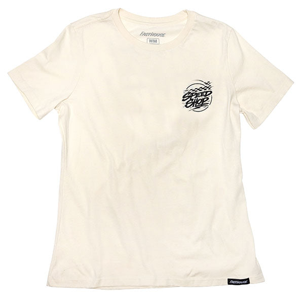 High-resolution studio image of Fasthouse Burner Tee (Womens); showing tee fit, printed graphics, and crew neckline; SKU 32113509; Colors: Natural