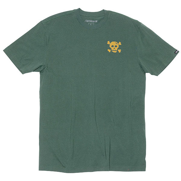 Clean studio shot of Fasthouse Seaver Tee; showing tee fit, printed graphics, and crew neckline; SKU 3211370404; Colors: Forest Green, Black, Light Gray