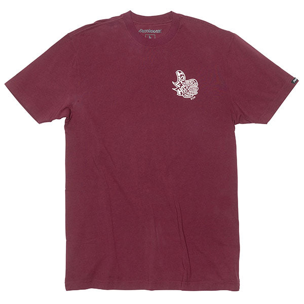 Clean studio shot of Fasthouse Satisfaction Tee; showing tee fit, printed graphics, and crew neckline; SKU 3211310104; Colors: Maroon, Black, Natural