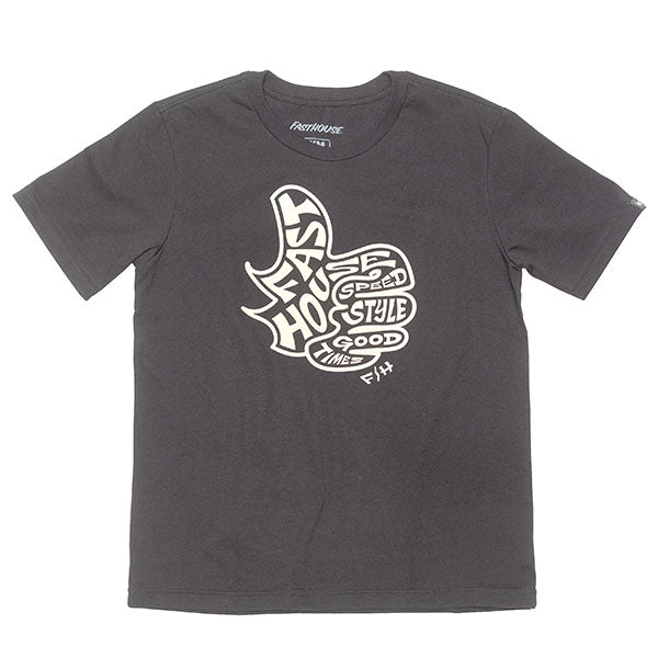 Studio photo on a white background of Fasthouse Satisfaction Tee (Youth); showing tee fit, printed graphics, and crew neckline; SKU 3211310554