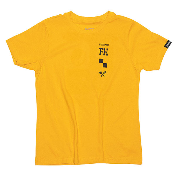 Clean studio shot of Fasthouse Gold Mine Tee (Youth); showing tee fit, printed graphics, and crew neckline; SKU 32113903; Colors: Vintage Gold