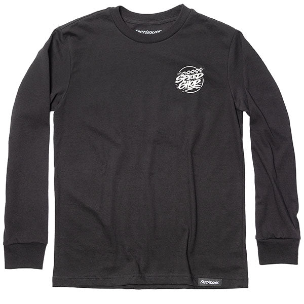 Professional studio photo of Fasthouse Burner Long Sleeve Tee (Youth); showing long-sleeve cut, printed graphics, and crew neckline; SKU 32123505