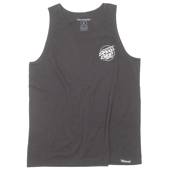 Studio photo on a white background of Fasthouse Burner Tank; showing sleeveless cut, hem shape, and printed or woven branding; SKU 3212355004